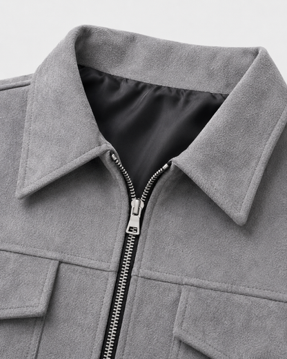 Men's Suede Jacket - Utility Zip Up Relaxed Fit