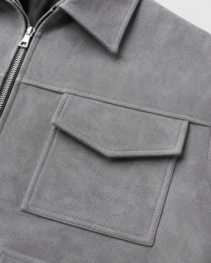 Men's Suede Jacket - Utility Zip Up Relaxed Fit