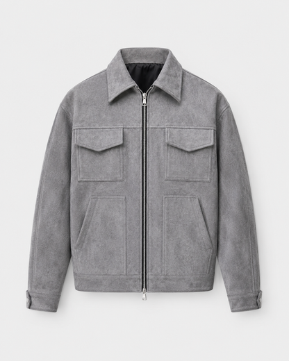 Men's Suede Jacket - Utility Zip Up Relaxed Fit