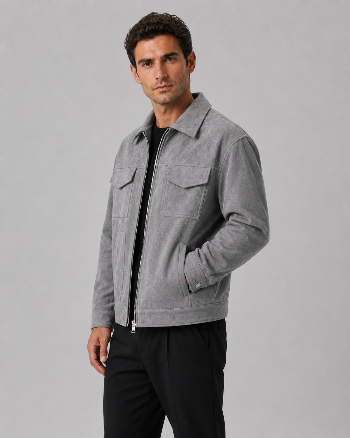 Men's Suede Jacket - Utility Zip Up Relaxed Fit