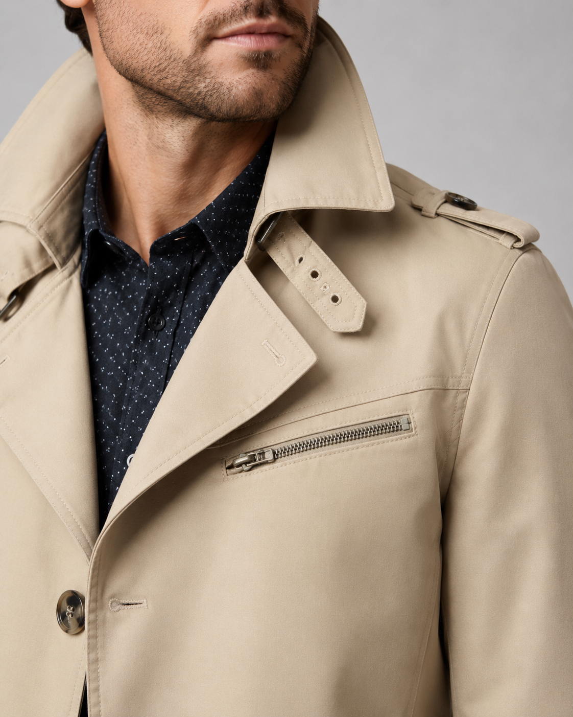 Men's Trench Coat - Button Front Epaulette Detail