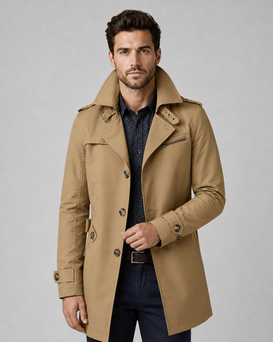 Men's Trench Coat - Button Front Epaulette Detail