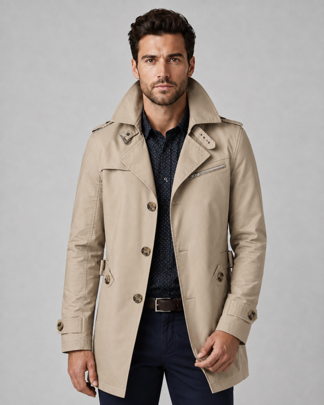 Men's Trench Coat - Button Front Epaulette Detail