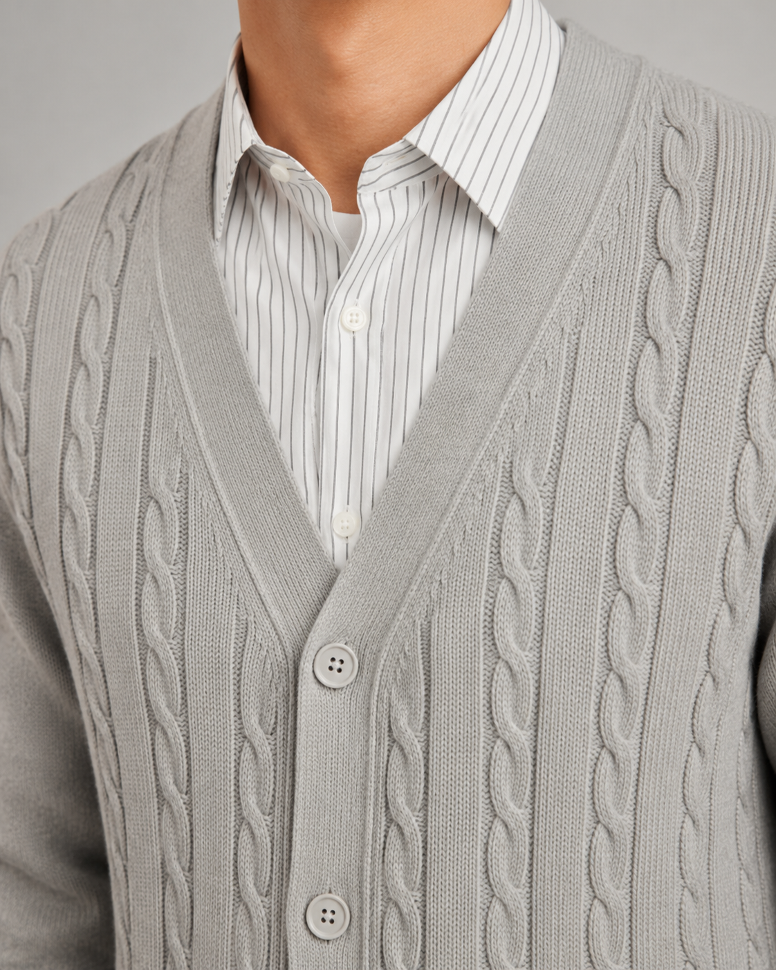 Men's Cable Knit Cardigan Sweater - V Neck Button Front