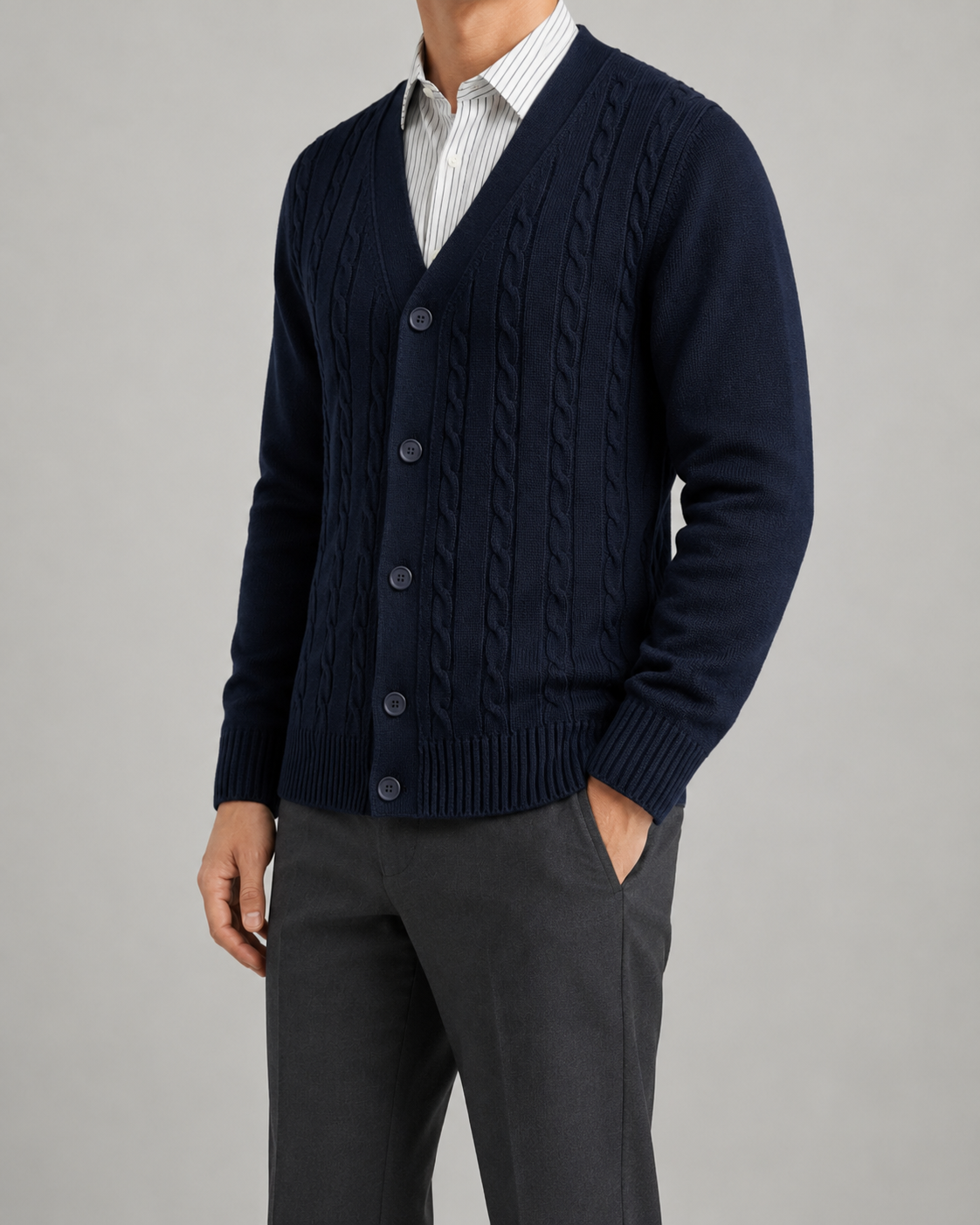 Men's Cable Knit Cardigan Sweater - V Neck Button Front