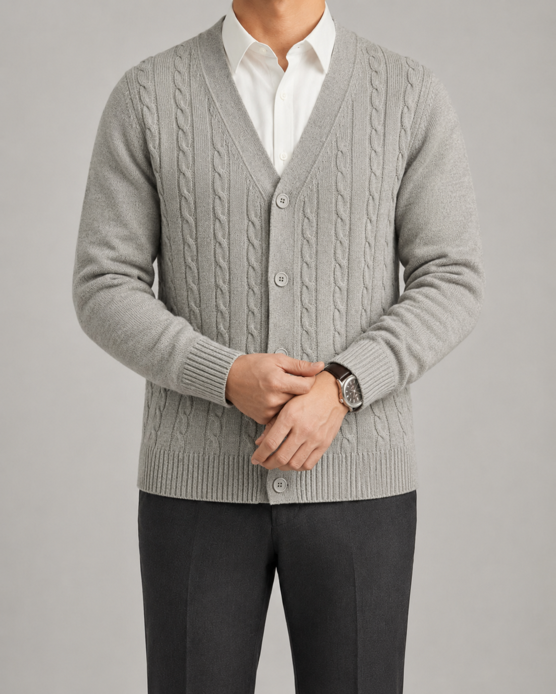 Men's Cable Knit Cardigan Sweater - V Neck Button Front