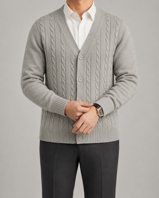 Men's Cable Knit Cardigan Sweater - V Neck Button Front