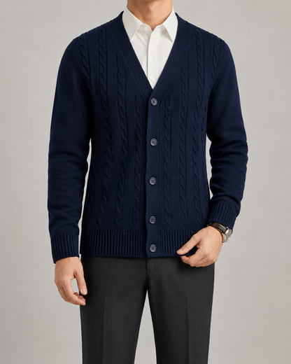 Men's Cable Knit Cardigan Sweater - V Neck Button Front