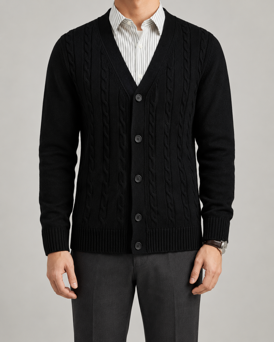 Men's Cable Knit Cardigan Sweater - V Neck Button Front