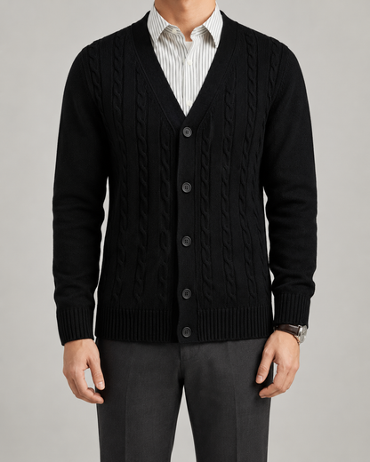 Men's Cable Knit Cardigan Sweater - V Neck Button Front