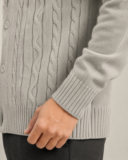 Men's Cable Knit Cardigan Sweater - V Neck Button Front