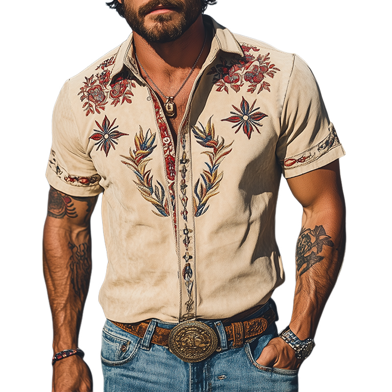 Men's Western Embroidered Short-Sleeve Shirt with Classic Style