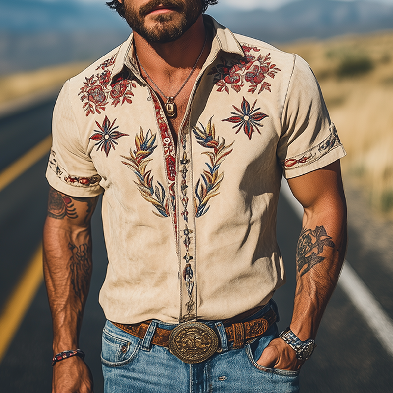 Men's Western Embroidered Short-Sleeve Shirt with Classic Style