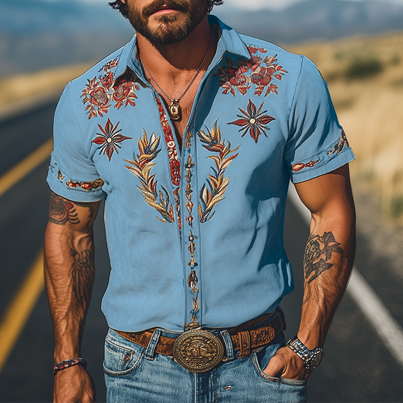 Men's Western Embroidered Short-Sleeve Shirt with Classic Style