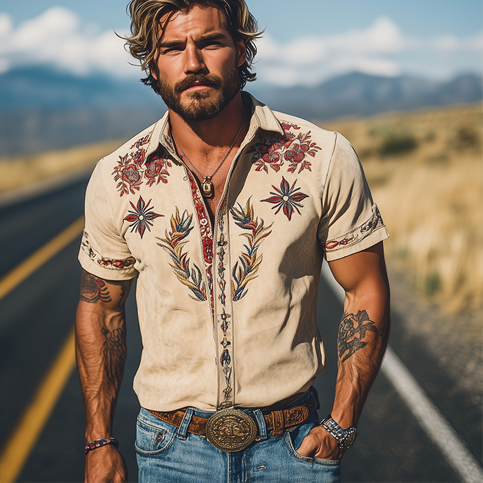Men's Western Embroidered Short-Sleeve Shirt with Classic Style