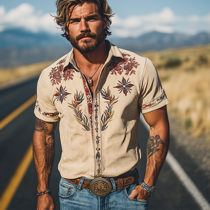 Men's Western Embroidered Short-Sleeve Shirt with Classic Style