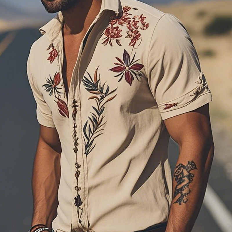 Men's Western Embroidered Short-Sleeve Shirt with Classic Style