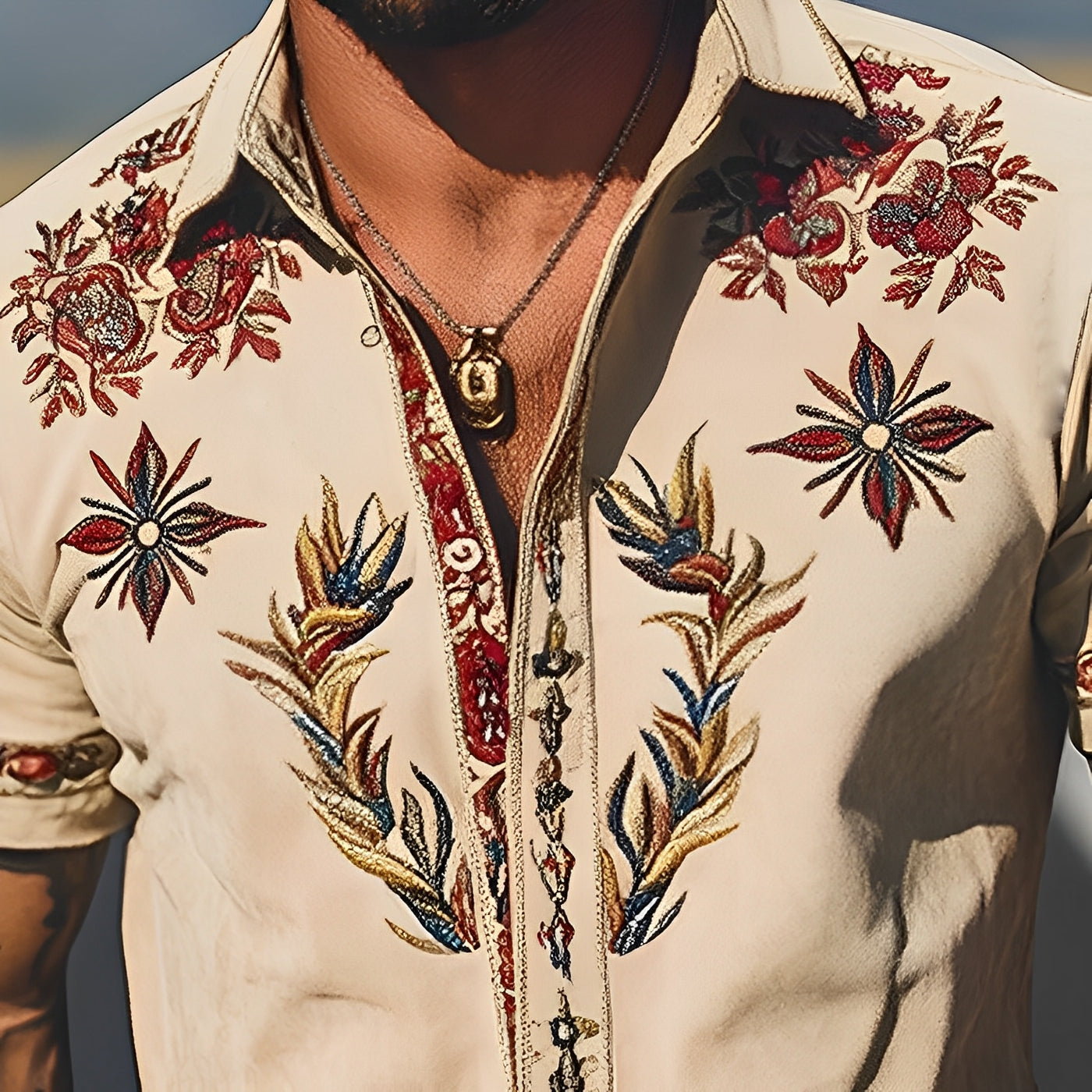 Men's Western Embroidered Short-Sleeve Shirt with Classic Style