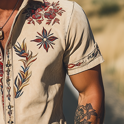 Men's Western Embroidered Short-Sleeve Shirt with Classic Style