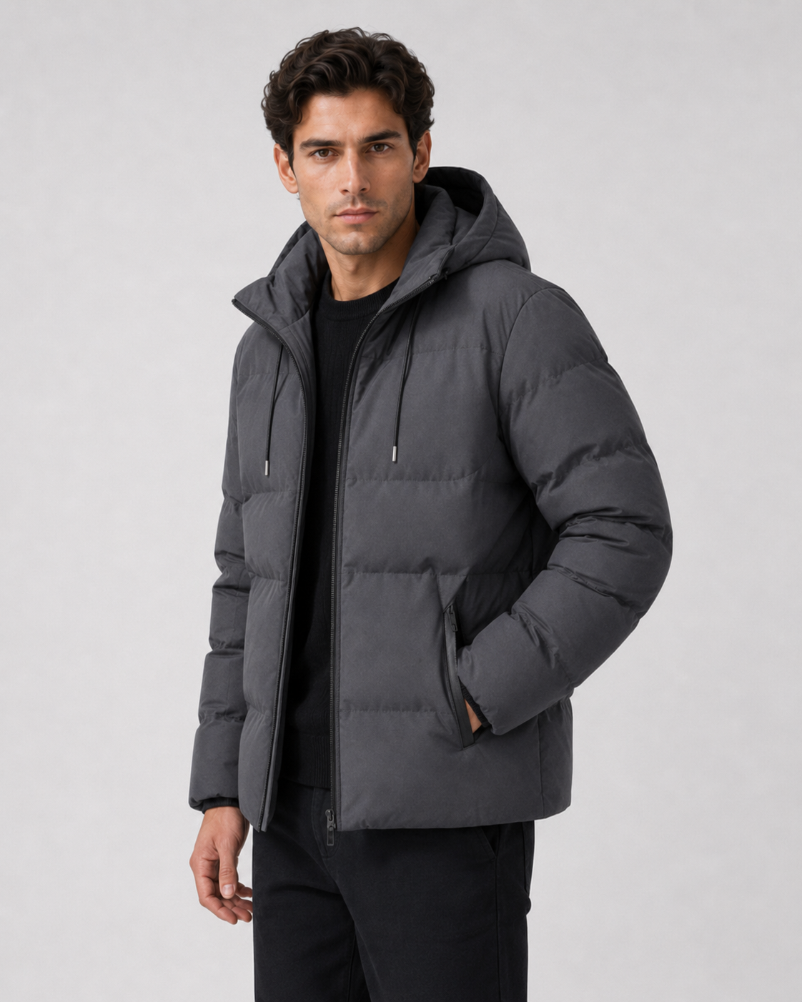 Men's Puffer Jacket - Hooded Zip Pockets