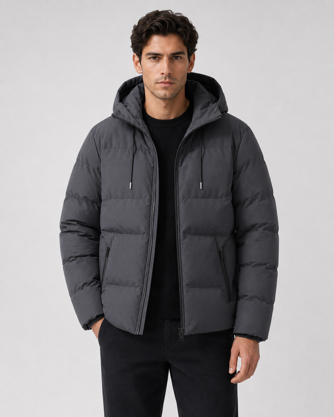 Men's Puffer Jacket - Hooded Zip Pockets