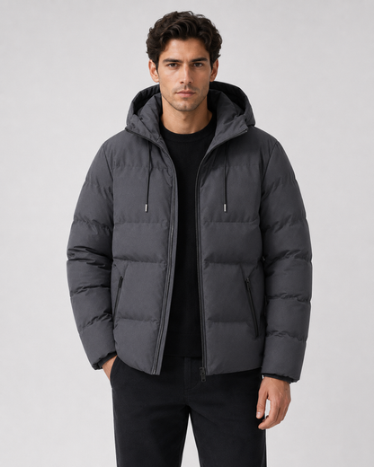 Men's Puffer Jacket - Hooded Zip Pockets