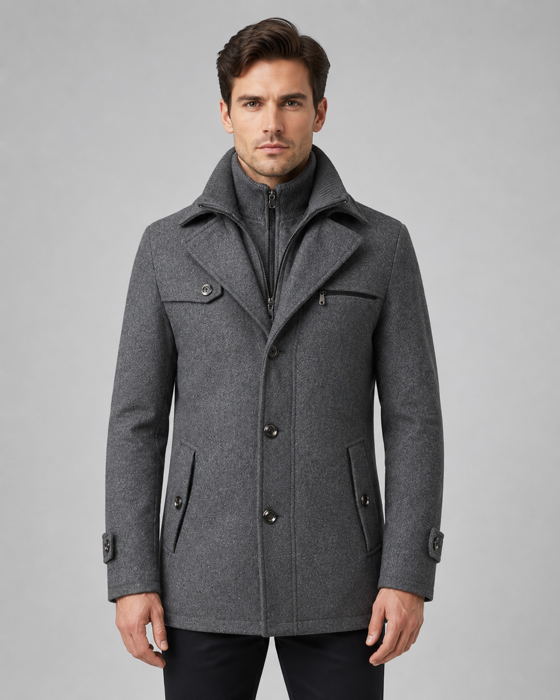Men's Wool Coat - Funnel Neck Zip Insert Tailored Fit