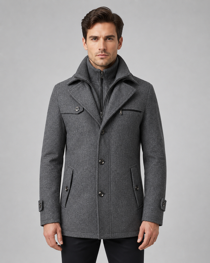 Men's Wool Coat - Funnel Neck Zip Insert Tailored Fit