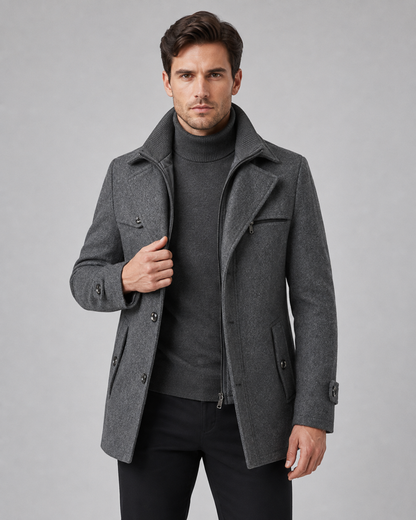 Men's Wool Coat - Funnel Neck Zip Insert Tailored Fit