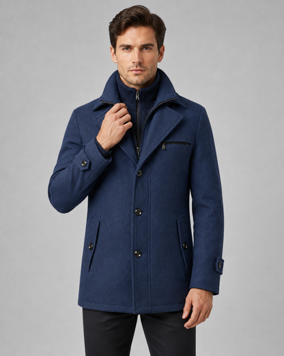 Men's Wool Coat - Funnel Neck Zip Insert Tailored Fit