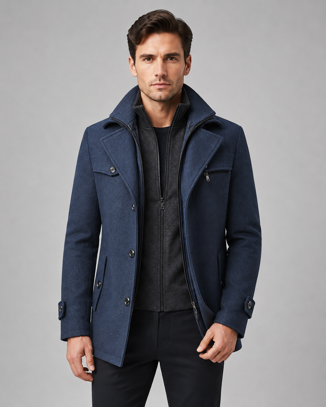 Men's Wool Coat - Funnel Neck Zip Insert Tailored Fit