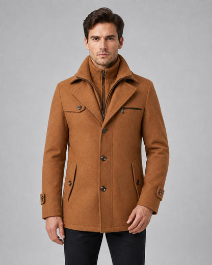 Men's Wool Coat - Funnel Neck Zip Insert Tailored Fit