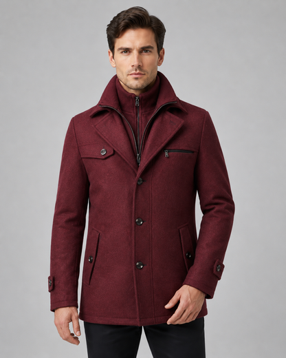Men's Wool Coat - Funnel Neck Zip Insert Tailored Fit
