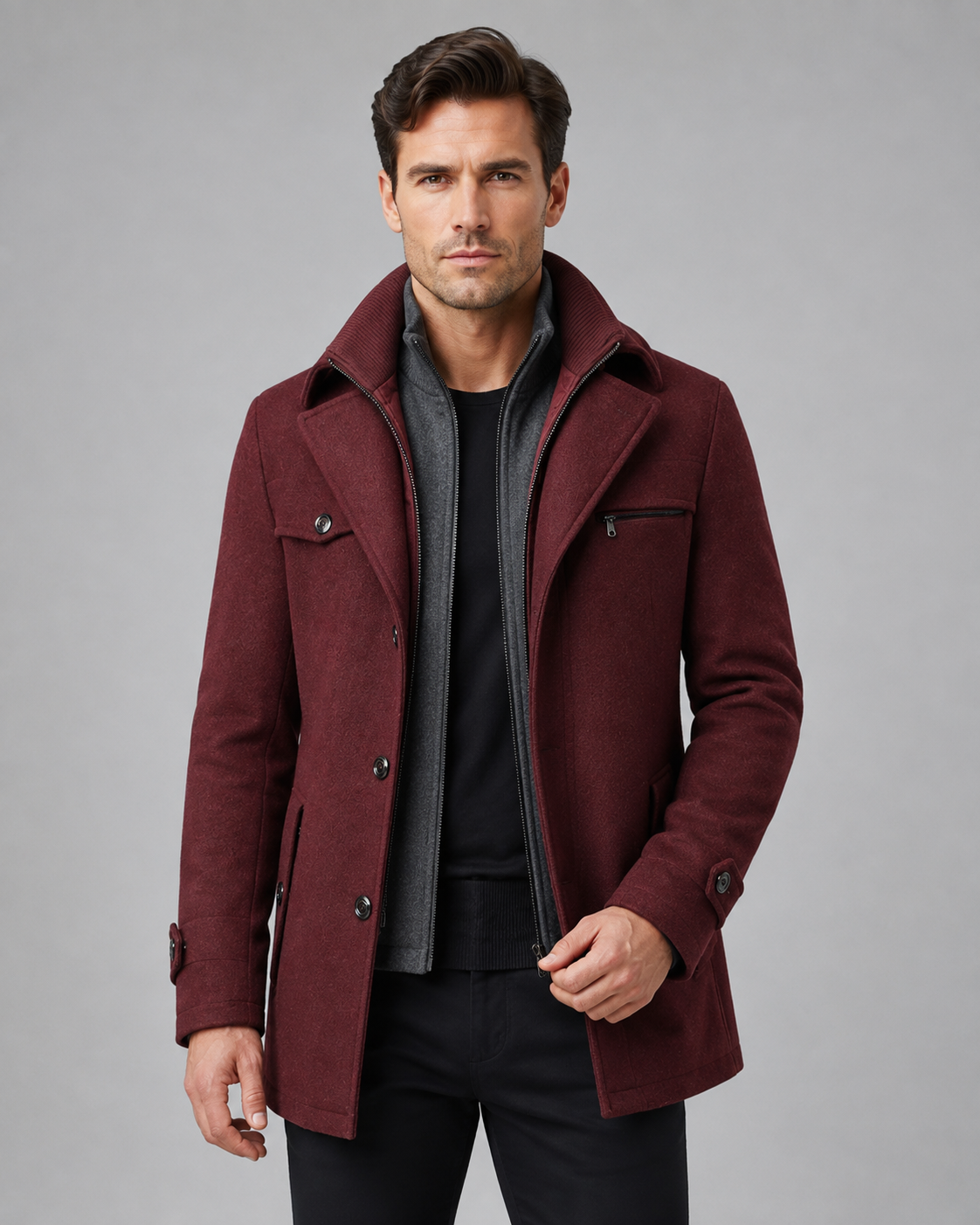 Men's Wool Coat - Funnel Neck Zip Insert Tailored Fit
