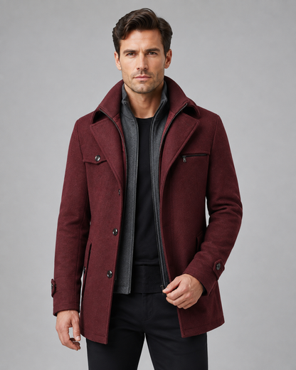 Men's Wool Coat - Funnel Neck Zip Insert Tailored Fit