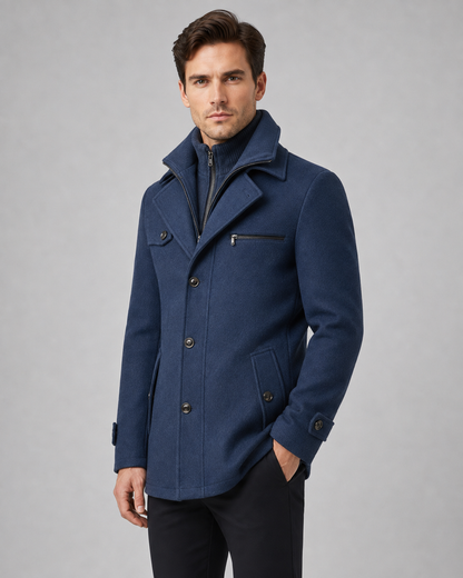 Men's Wool Coat - Funnel Neck Zip Insert Tailored Fit