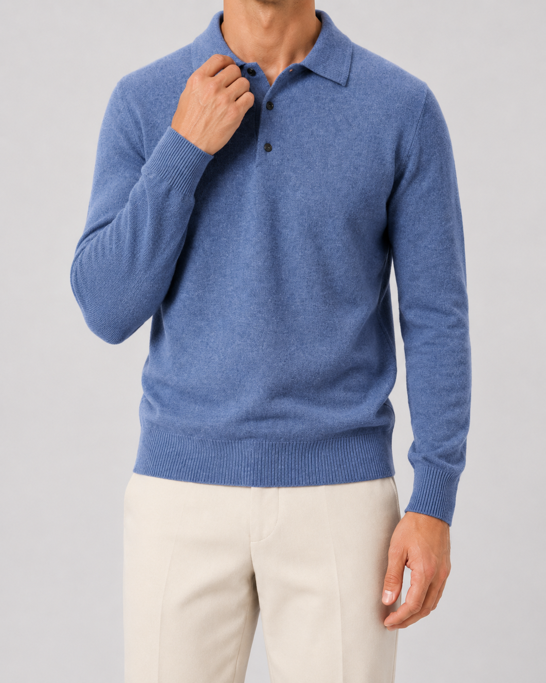 Men's Wool Polo Sweater - Long Sleeve Knit Pullover