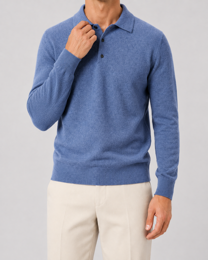 Men's Wool Polo Sweater - Long Sleeve Knit Pullover