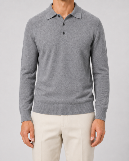 Men's Wool Polo Sweater - Long Sleeve Knit Pullover