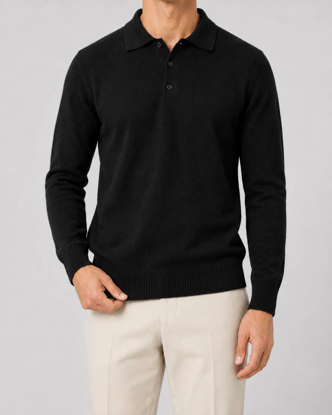 Men's Wool Polo Sweater - Long Sleeve Knit Pullover