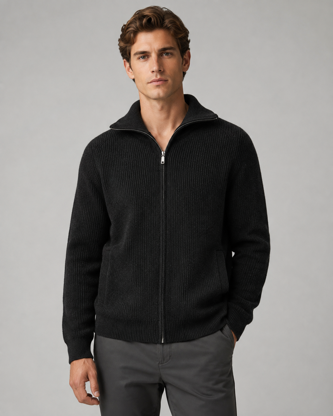 Men's Quarter Zip Sweater - Wool Ribbed Mock Neck Pullover