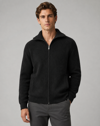 Men's Quarter Zip Sweater - Wool Ribbed Mock Neck Pullover