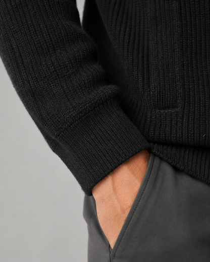 Men's Quarter Zip Sweater - Wool Ribbed Mock Neck Pullover