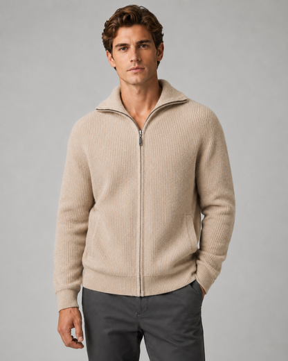 Men's Quarter Zip Sweater - Wool Ribbed Mock Neck Pullover