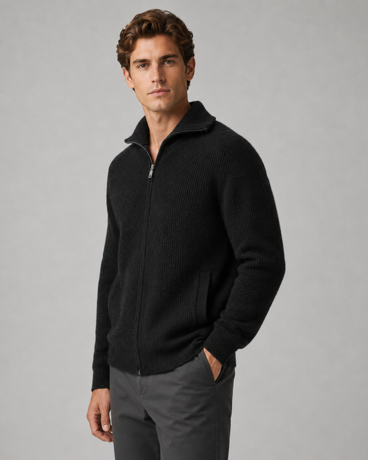 Men's Quarter Zip Sweater - Wool Ribbed Mock Neck Pullover