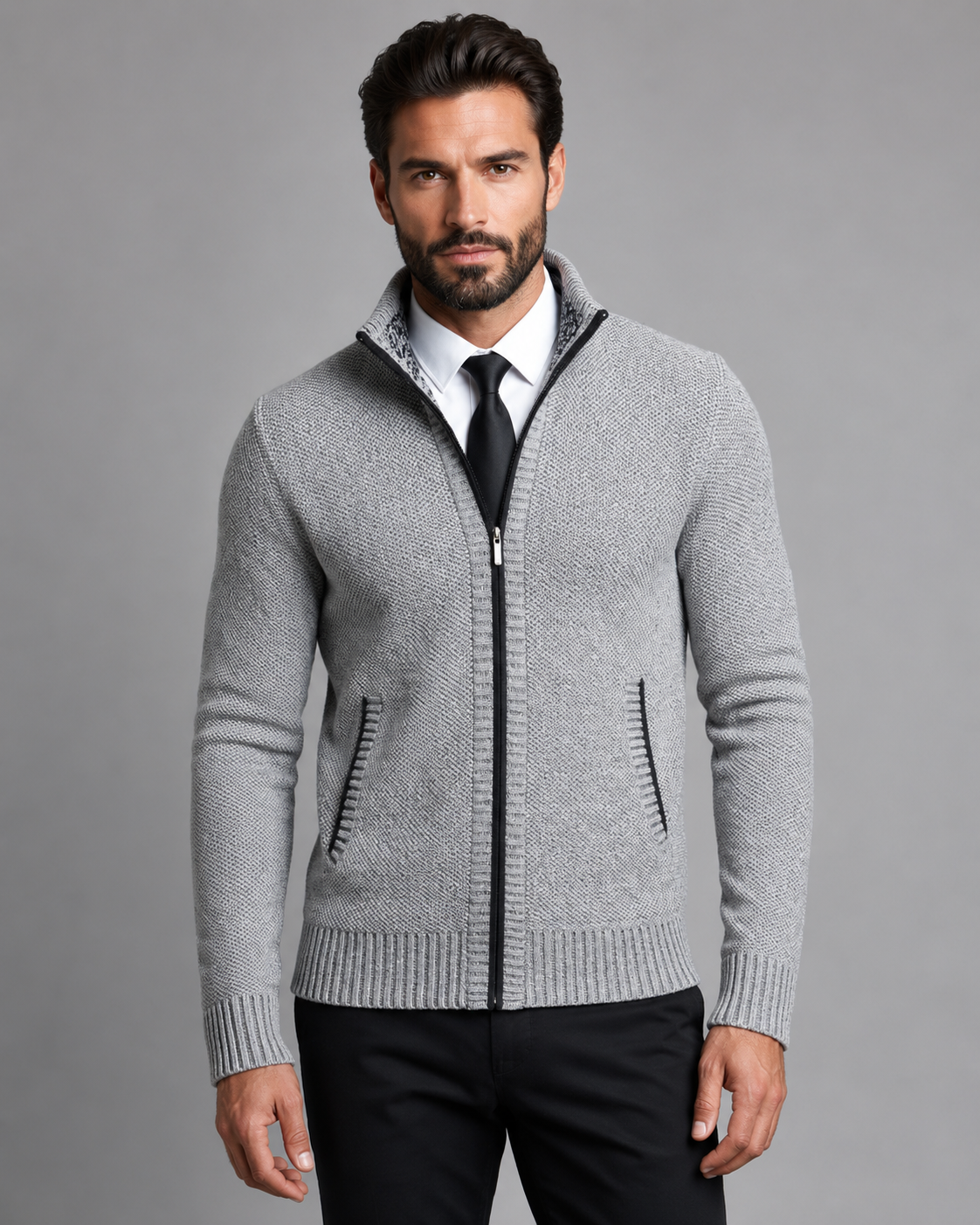 Men's Zip Up Sweater - Textured Knit Funnel Neck Pullover