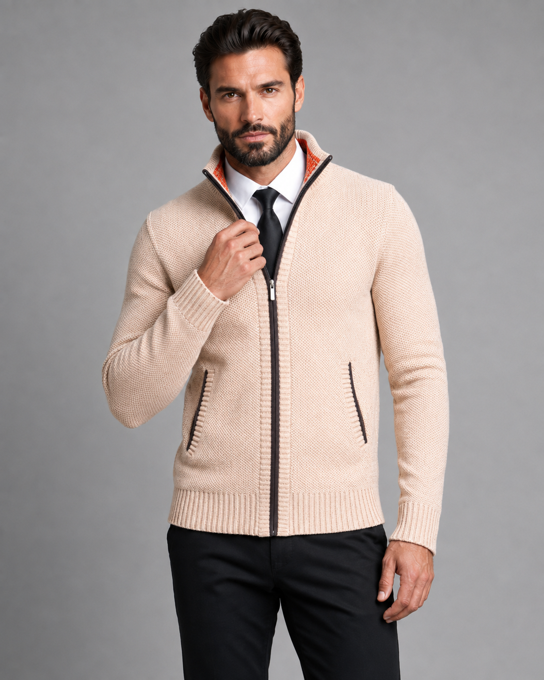 Men's Zip Up Sweater - Textured Knit Funnel Neck Pullover