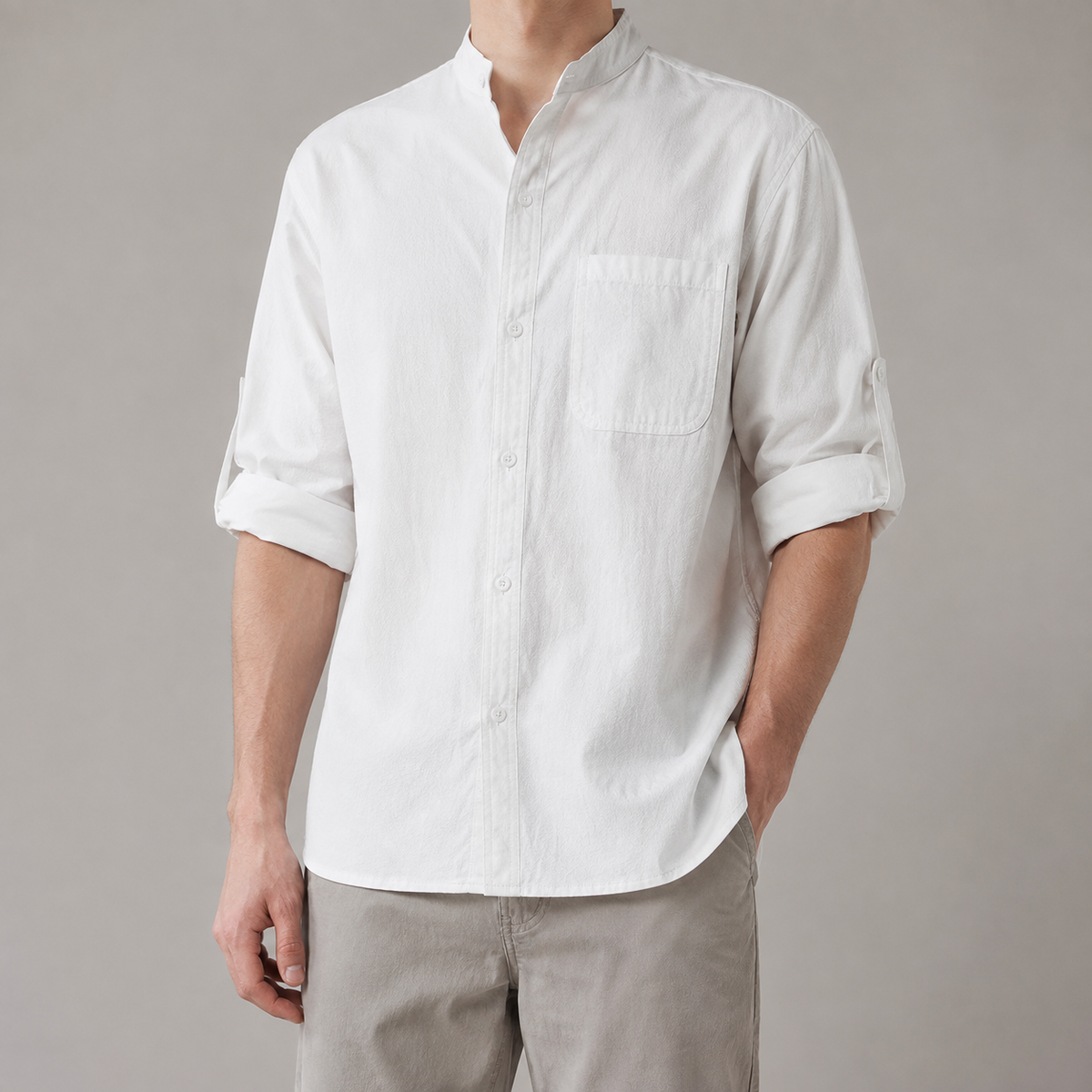 Men's Band Collar Shirt - 3/4 Sleeve Casual Button Down