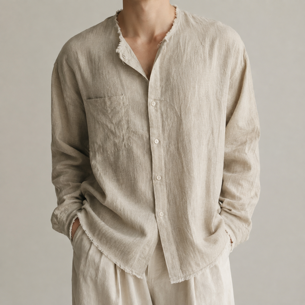 Men's Collarless Shirt - Casual Button Down Long Sleeve
