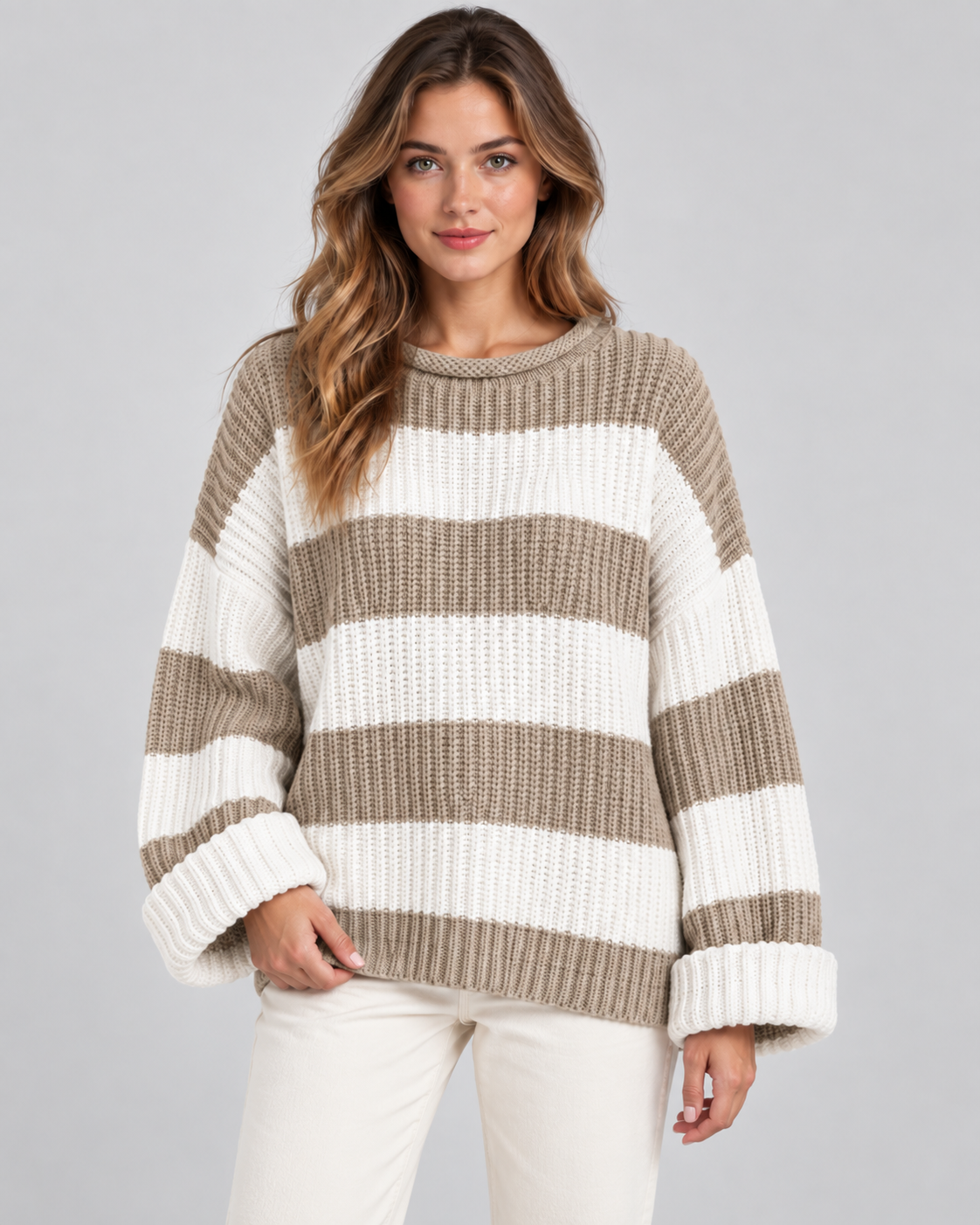 Women's Chunky Knit Sweater - Striped Oversized Crew Neck